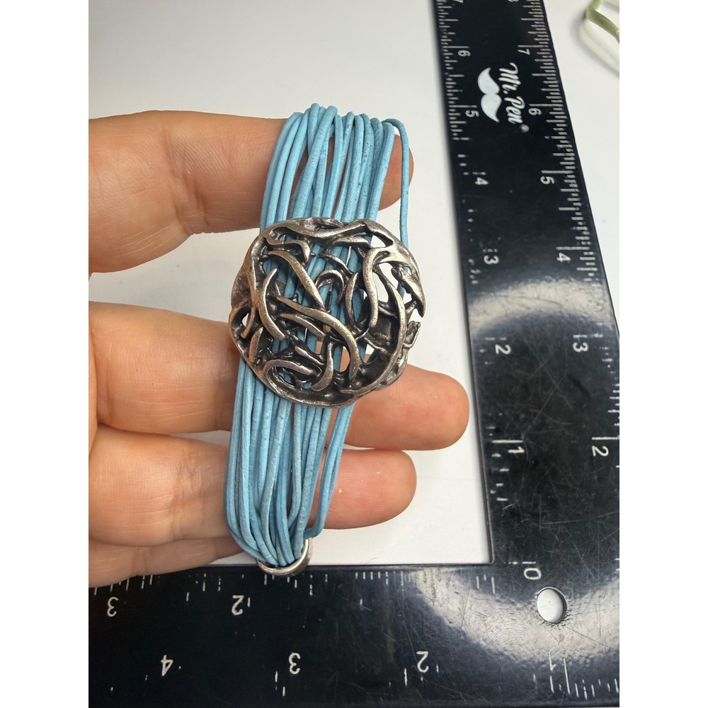 Blue Multi Strand Leather Cord Bracelet Silver Abstract Medallion Coin Charm